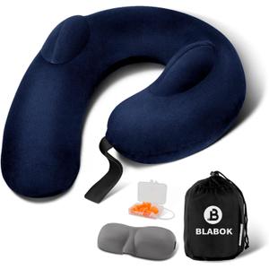 Patented Design Inflatable Travel Neck Pillow Airplane Neck Pillow with 360 Head & Neck Support, Soft Washable Velvet Cover, Compact Neck Support Pillow for Airplane,Train,Car,Office & Home (Blue)