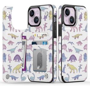 Goodon for iPhone 13 Case Wallet - Flip Folio Leather Cover with Trendy Floral Design, 3 Card Slots & Kickstand Function, Stylish Protective Phone Case for Women and Girls - Cute Dinosaur s