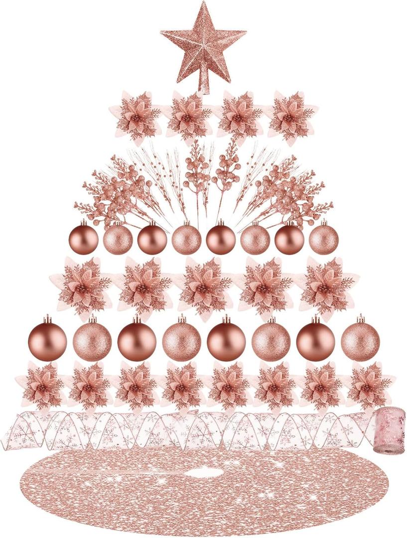 Realspring 72 Pieces Christmas Tree Ornament Set Xmas Assorted Decorations Bulk Glitter Poinsettia Berry Picks Topper Star Sequin Tree Skirts for Home Wreaths Holiday Party Favors (Rose Gold)