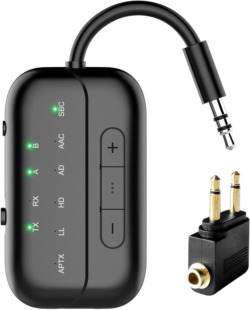 2026 Pro Bluetooth 5.4 Transmitter Receiver with Qualcomm Chipset,2-in-1 Airplane Wireless Adapter for Flight,TV,PC,Gym,Switch,Works with 2 AirPods/Headphones;Audio AUX Receiver for Car/Home Stereo