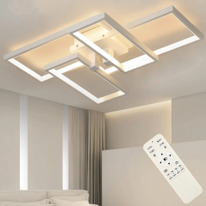 Modern Light Fixture - 55W LED Ceiling Lamp Black Flush Mount Ceiling Light Fixtures,with Remote Control Dimmable Close to Ceiling Chandelier for Bedroom,Dining Room,Kitchen,Office (White)