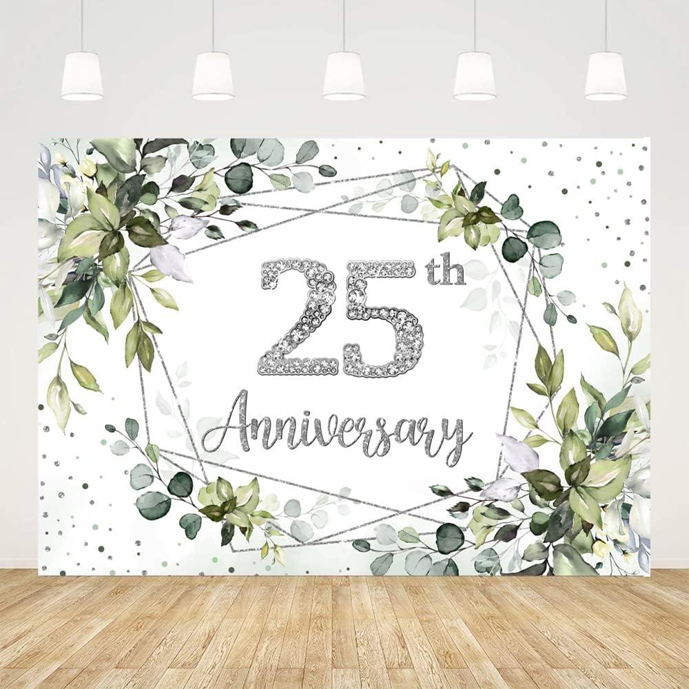 Ticuenicoa 25th Wedding Anniversary Decorations Backdrop, 7x5ft Greenery 25th Anniversary Decorations Banner, Celebrating 25 Years of Marriage Party Supplies