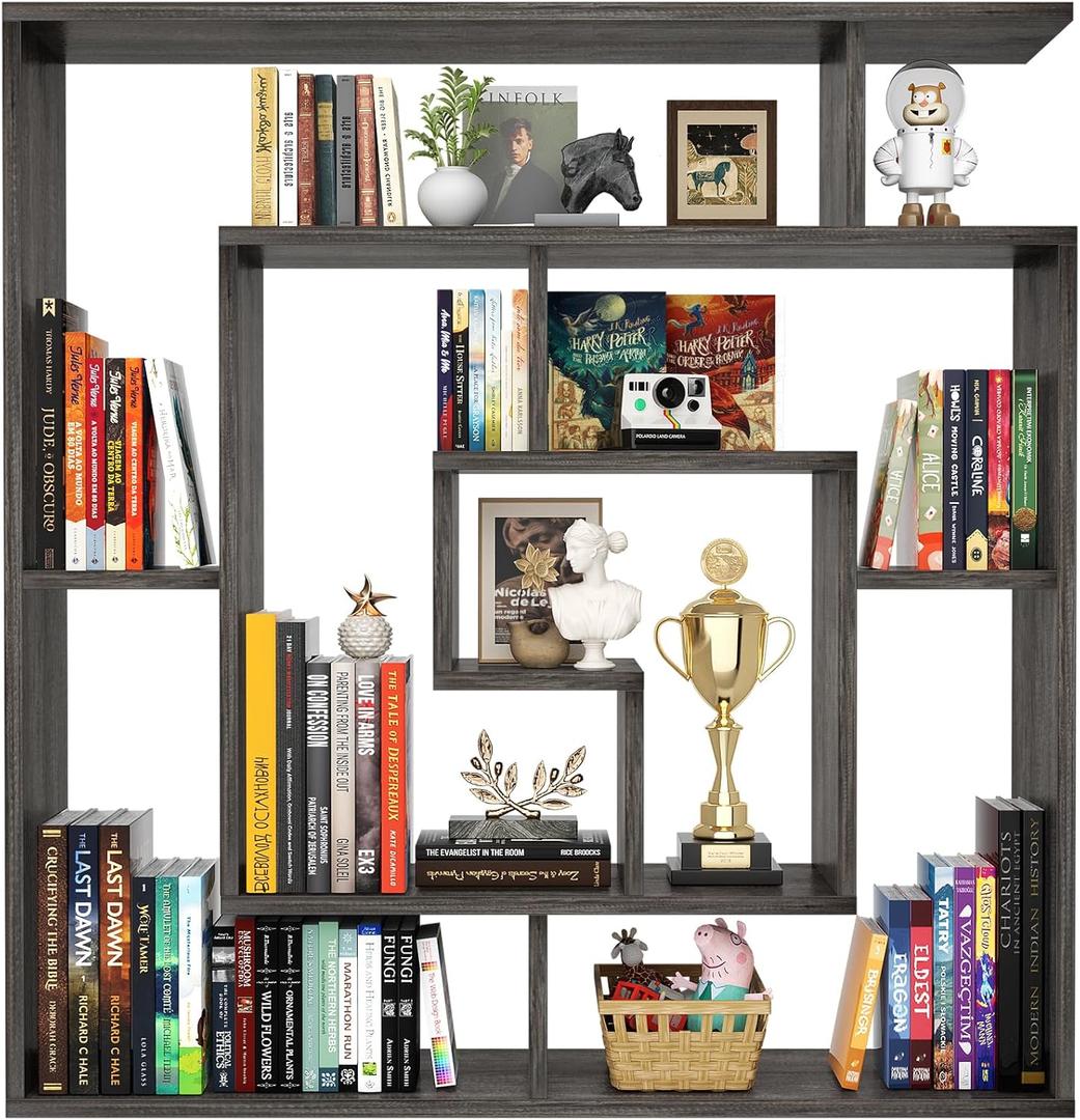 Armocity 6 Tier Display Book Shelf Wall Mounted Bookshelf Freestanding Geometric Bookcase Floating Book Shelves for Wall Bedroom Living Room Home Office, 45.5"(W) * 47"(H), Grey Oak