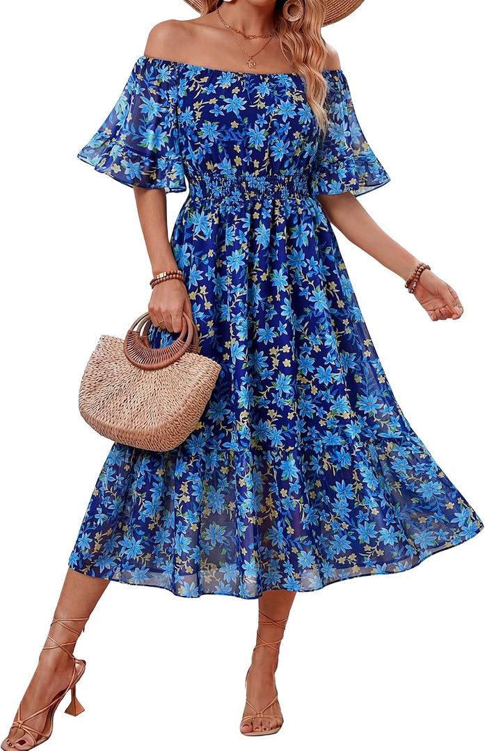 Women's Summer Boho Off Shoulder Midi Dress Ruffle Sleeve Smocked Elastic Waist Flowy Dresses (Blue, M)