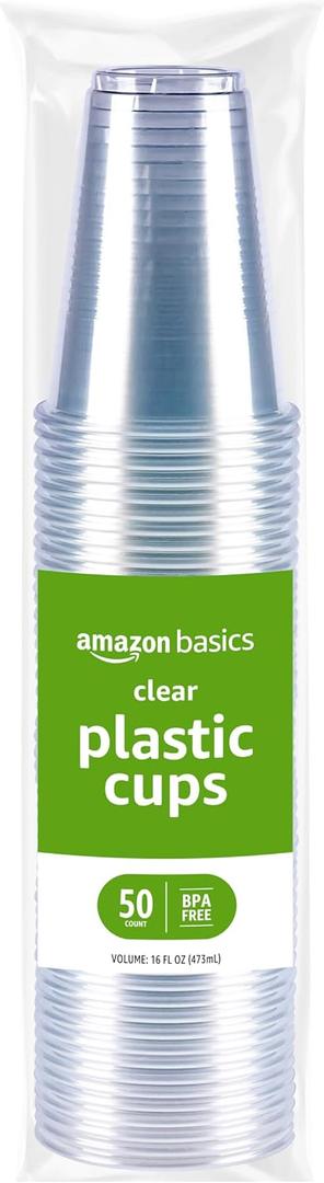 Amazon Basics Disposable Clear Plastic Cups for Cold Drinks, BPA-Free, Easy to Hold, 16oz, 50 Count