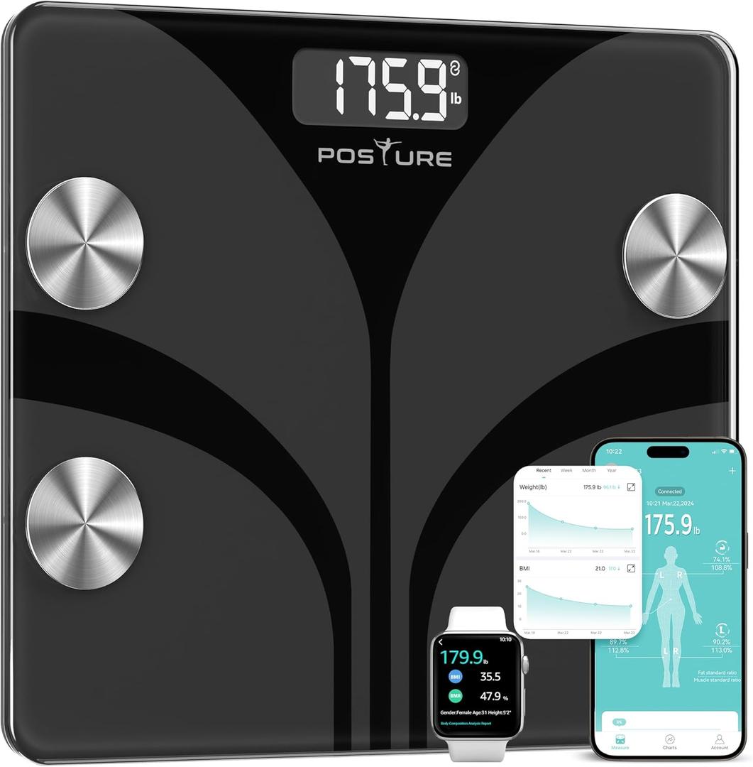 Posture Scale for Body Weight, Digital Bathroom Smart Scale, 13 Body Composition Analyzer Sync Weight Scale BMI Health Monitor Sync Apps 400lbs - Black (11.8*10.2)