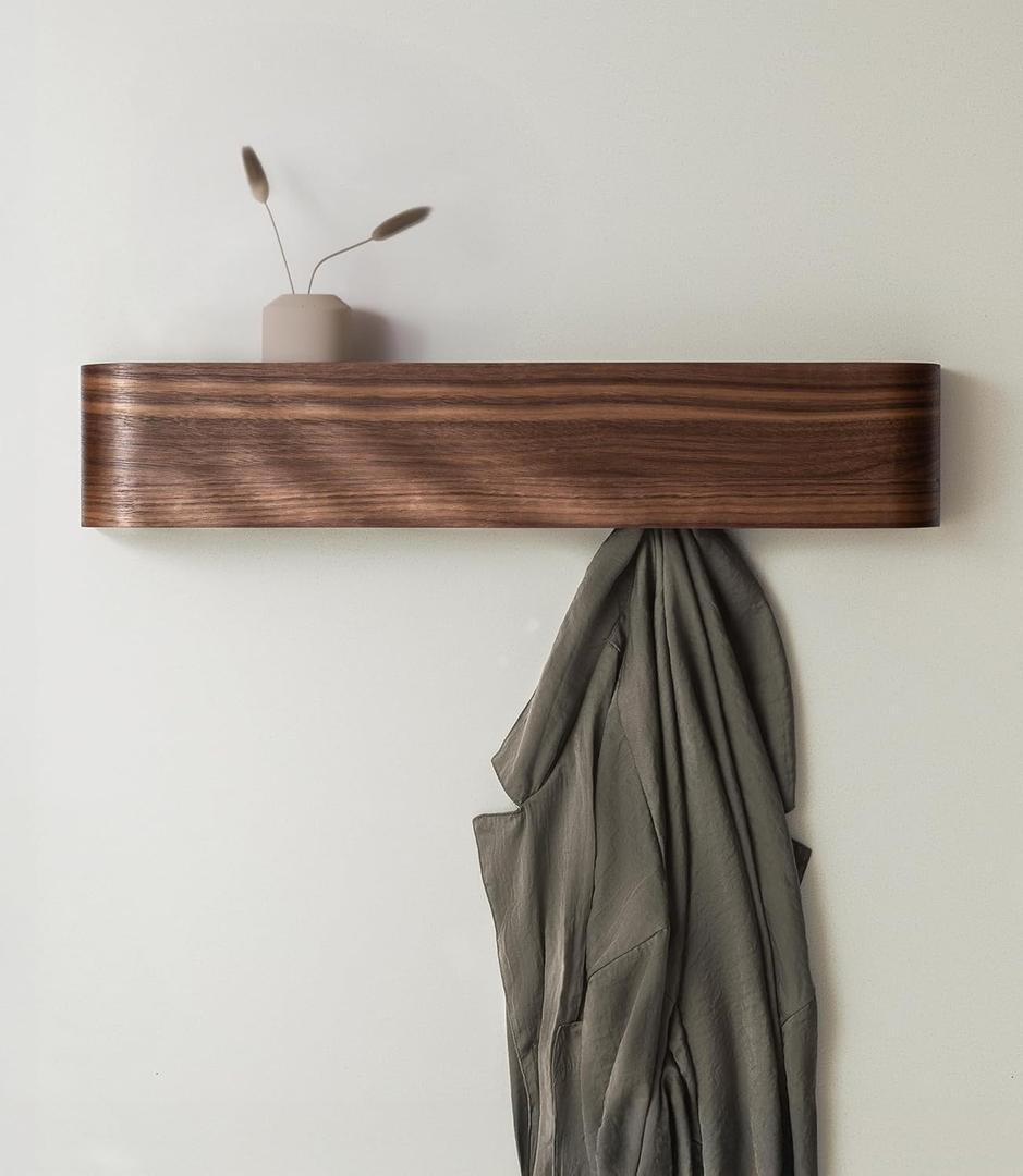 Wall-Mounted Coat Rack 'Toke' - Modern Design Coat Rack with Hidden Wall Hooks - Solid Wood Veneer Panel Coat Hanger - Walnut