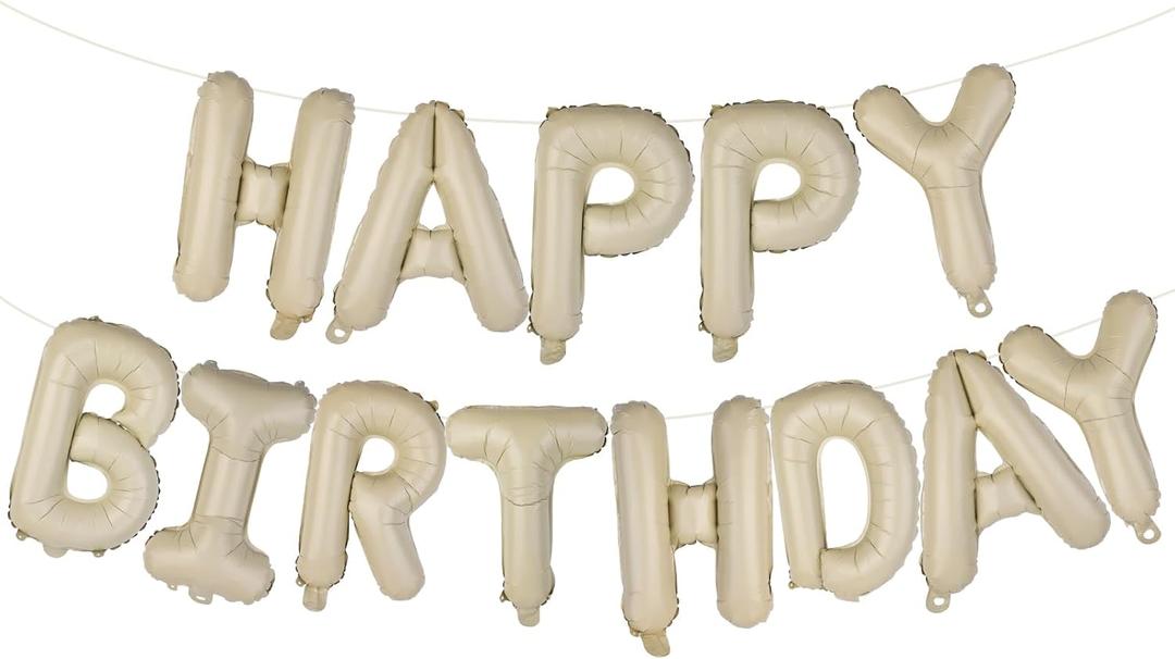 Beige Happy Birthday Balloons Banner 16 Inch Mylar Foil Letters