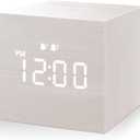 Digital Alarm Clock, with Wooden Electronic LED Time Display, 3 Alarm, 2.5-inch Cubic Small Mini Wood Made Electric Clocks for Bedroom, Bedside, Desk, White
