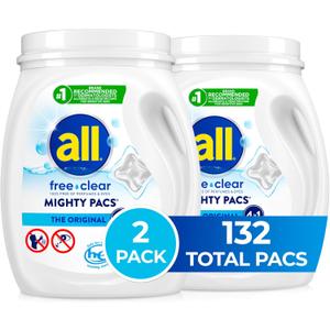 all free clear, Original, MIGHTY PACS Laundry Detergent Pacs for Sensitive Skin, Unscented and Hypoallergenic, 66 Count (Pack of 2)