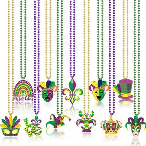 NOVWANG 21Pcs Mardi Gras Accessories Beads Necklaces Green Purple Gold Bead Necklaces for Mardi Gras Carnivals Celebration Parade Throws Party Favor Decorations Supplies(11 Designs)