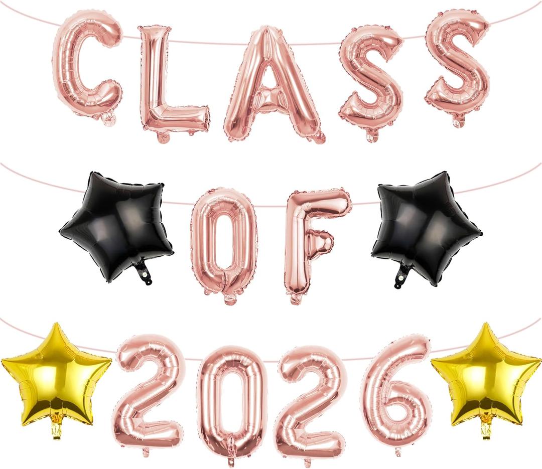 2 x Class of 2026 Graduation Decorations, 16 Inch Rose Gold Foil Balloons Freely Combine 2026, 18 Inch Star Balloons for High School College Grad Gift Ins Photo Party Supplies