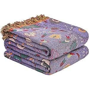 Boho Throw Blanket for Bed,100% Ultra Cotton Soft Breathable Bed Throw Floral Printed Farmhouse Decor Rustic Bed Throws for Couch Sofa Quilt Purple Flowers 60" x 80"