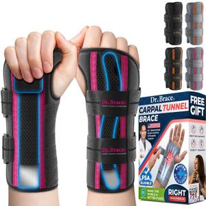 DR. BRACE Adjustable Wrist Brace Night Support for Carpal Tunnel, Doctor Developed, Upgraded with Double Splint & Therapeutic Cushion, Hand Brace for Pain Relief, Injuries, Sprains (S/M Right Hand, Black-Pink)