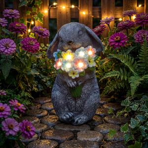 PETAFLOP Solar Garden Statues Outdoor Decor, Rabbit Figurines with Flowers for Patio Balcony Lawn Yard Decorations, Birthday Housewarming Gifts for Women Mom Grandma