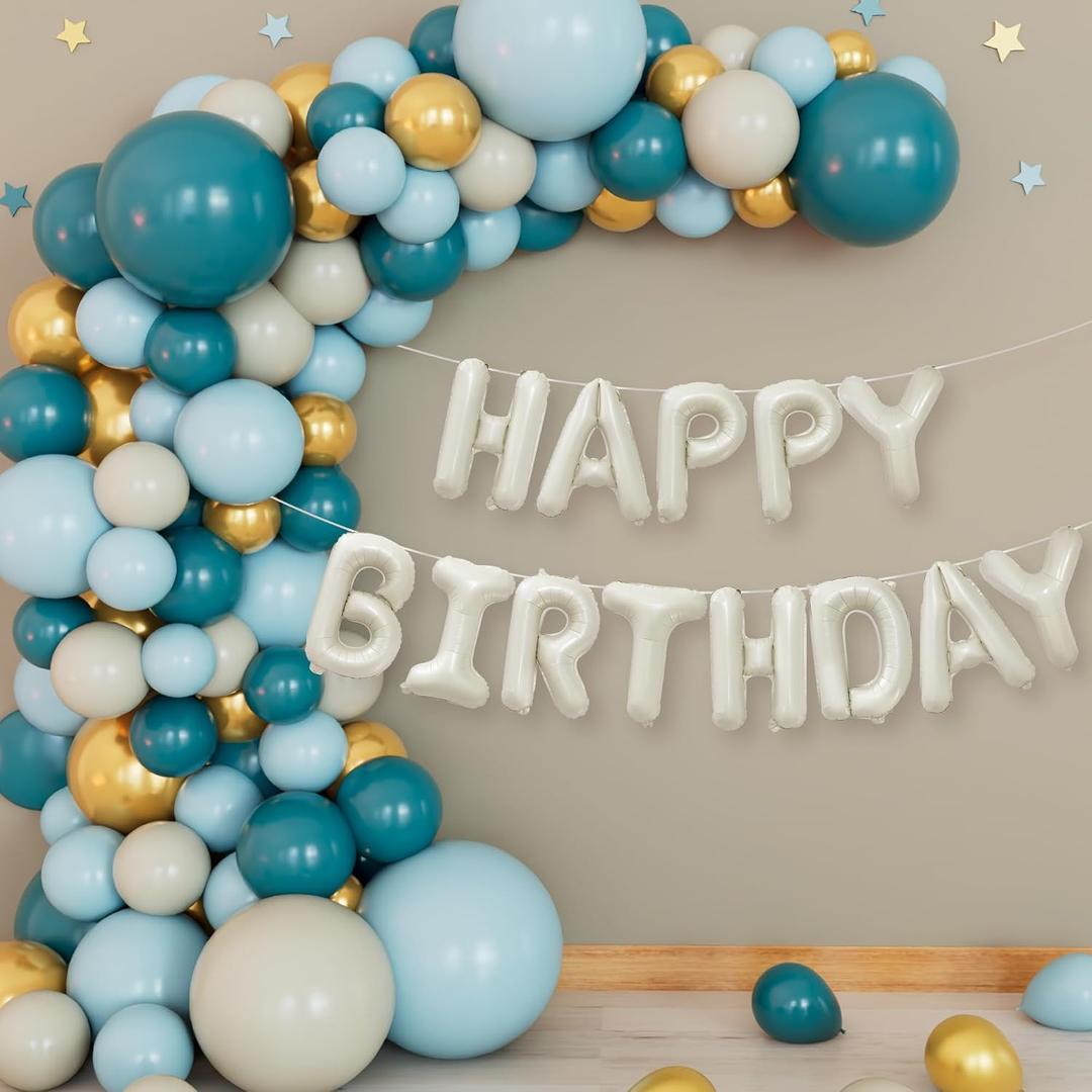 2 x KatchOn Happy Birthday Balloon Set, Pack of 71 | Peacock Blue, Gold, Haze Blue and Sand White Balloon Garland Kit, Cream Happy Birthday Balloon Banner, 71 Count