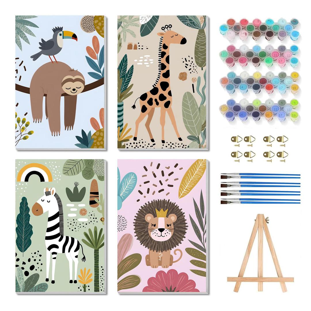 Bgpunt 4 Pack Paint by Numbers for Adults Kids with Framed, Animals Paint by Number on Canvas, Cute Boho Acrylic Oil Painting Kits Crafts for Adults Home Wall Decor, 8x12 inch