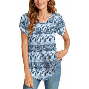 SUNNEGOO Women's Short Sleeve Tops Summer Shirts Loose Casual Flowy Blouses Pleated Print Tunic Tops for Women (Orange, M)