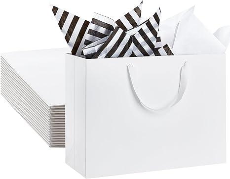 Ohuimrt 12 Pack 16" Extra Large Gift Bags with Tissue Paper, White Kraft Paper Gift Bags with Ribbon Handles for Holiday Shopping Retail Merchandise Business, 16 x 6 x 12 Inches