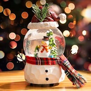 Musical Christmas Snow Globe Snowman Decor, Santa Hat & Plaid Scarf, Holiday Water Globe with Snow & Tree, Festive Musical Tabletop Christmas Decoration for Home