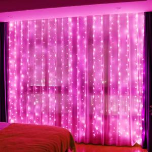 HXWEIYE 300LED Fairy Curtain Lights, 9.8x9.8Ft USB Plug-in 8 Modes Christmas String Hanging Lights with Remote for Bedroom Backdrop Wedding Indoor Wall Decor, Pink, Standard 1 Pack