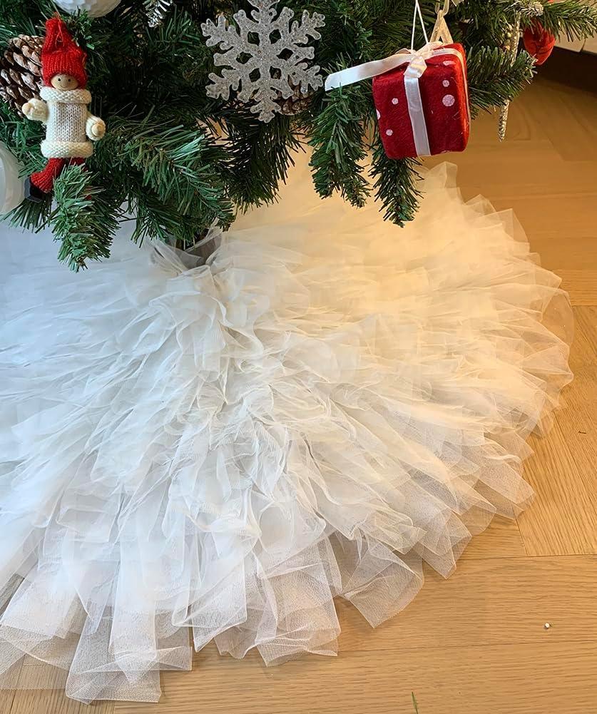 AOGU 36 Inch Fluffy Tulle Christmas Tree Skirt Vintage and Elegant Design Perfect for Christmas Tree Decorations White