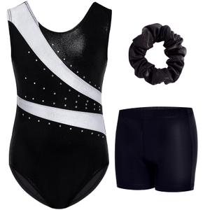 Gogokids Gymnastics Leotards for Girls Sparkly Rhinestone Dance Unitard with Shorts & Hair Scrunchie Activewear (Black,120)