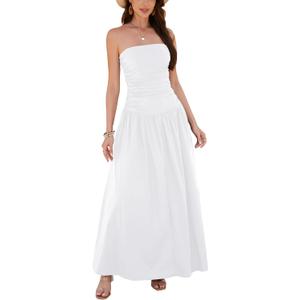 Yulaviniee Women's Strapless Tube Top Corset Maxi Dress for Wedding Guest, Elegant Party Dress (Medium, Woven-white)