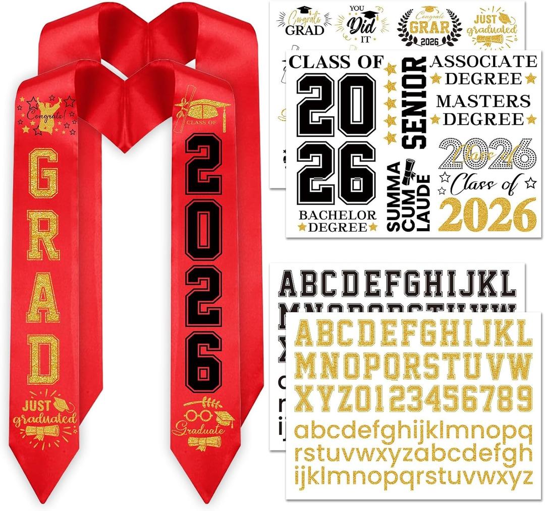 6PCS Unisex Adult Plain Graduation Stole with a to Z Letter 0 to 9 Number Graduation Pattern Badge Decorate Repair Patches