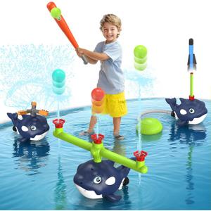 4-in-1 Whale Water Sprinkler Baseball Set for Kid,Summer Water Toy with 3 Jets, 4 Balls and Rocket Launch Game, Kids Sprinklers with 360 Rotating Sprinkler,Outdoor Water Toys for Kids Age 3+ Years