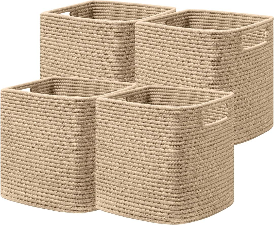 UBBCARE Set of 4 Storage Basket-13 X 13 X 13 In, Cotton Rope Basket for Shelves, Toys, Book, Cube Storage Bins with Handles, Woven Storage Basket for Organizing, Brown