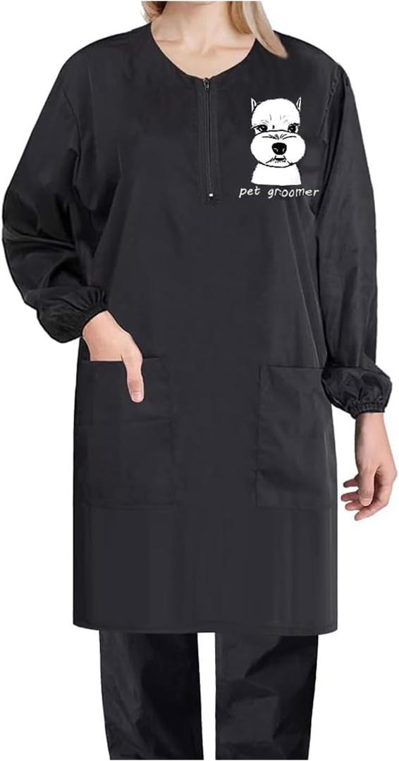 Waterproof Pet Grooming Smock with Zipper Long Sleeves Pet Grooming Work Clothes with Two Pockets Dog Cosmetologist
