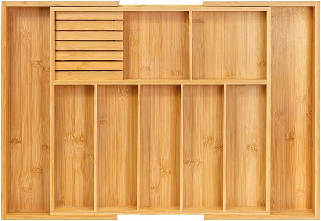 VaeFae Extra Large Kitchen Utensil Holder, Bamboo Silverware Drawer Organizer, Expandable Cutlery Organizer with Knife Block, Multifunctional Drawer Divider