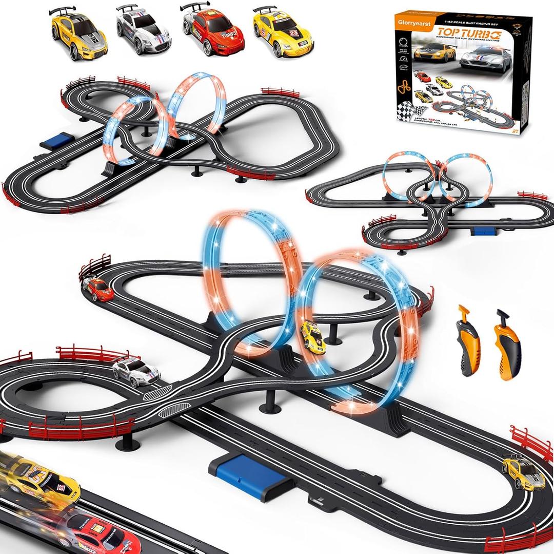 Slot Car Race Track 1:43 Scale For Kids LED Tracks Electric Powered Dual Racing 4 Cars with Headlights Toy Big Track Sets Gift for Boys Children 6+ Years Old