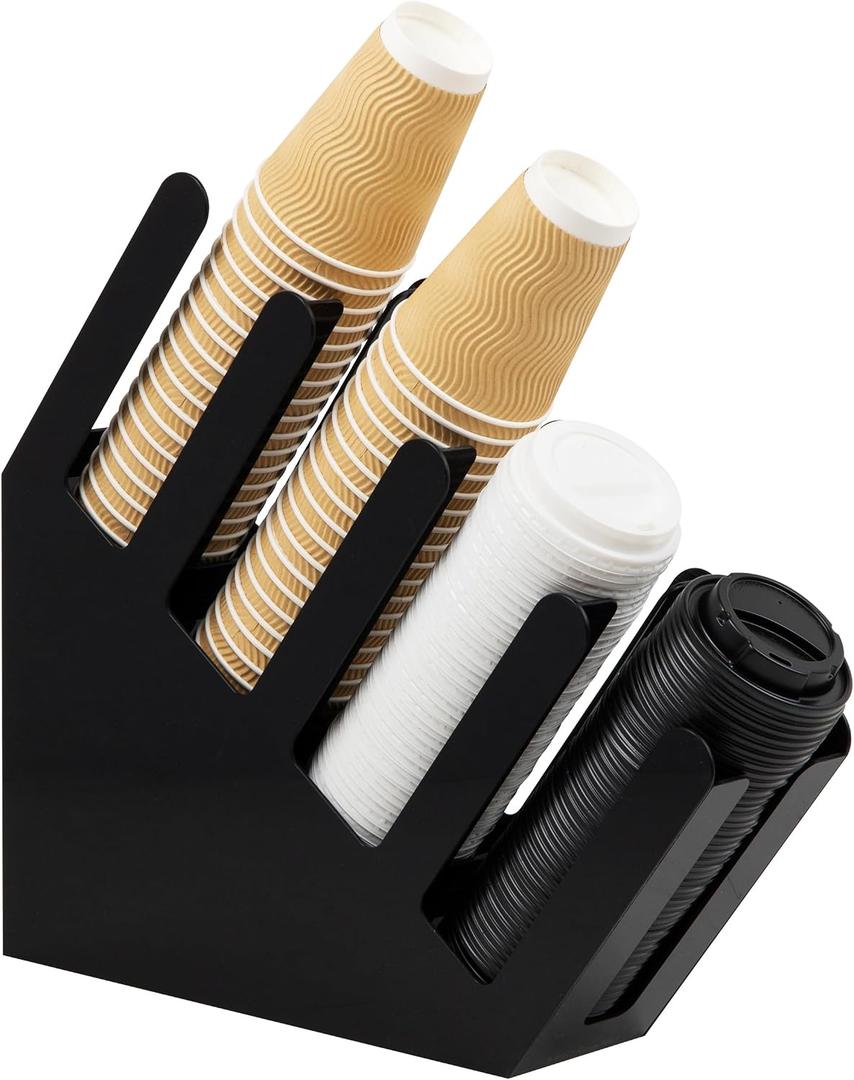 Mind Reader Cup and Lid Dispenser, Countertop Org, Coffee Bar, Beverage Cup, Kitchen, Breakroom, Black,  Size: 4 Compartment, 
4"D x 18"W x 16"H