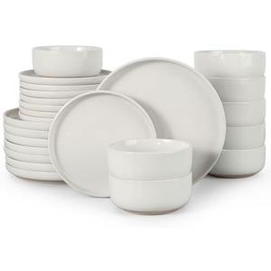 HaWare Stoneware Dinnerware Sets, 24-Piece Plates and Bowls Set for 8, Dishes Set for Home Restaurant, Speckled Milky White