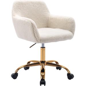 KCC Faux Fur Office Desk Chair, Comfy Swivel Armchair with Wheels, Upholstered Fuzzy Vanity Chair, Adjustable Height, White (White++golden Base)