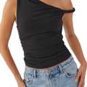 Ythomm Women One Shoulder Ruched Crop Tank Tops Casual Off The Shoulder Twist Strap Summer Tanks Tops Going Out Crop Shirts (Medium, Black)