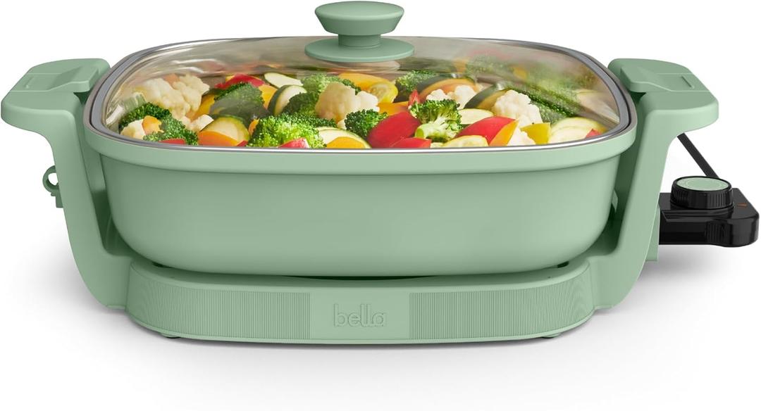 bella Make & Take Electric Skillet, Fits-anywhere kitchenware, EverGood Ceramic Coating, Adjustable Temperature & Dishwasher-Safe Tempered Glass Lid, Cast Aluminum Base, 1200 Watt, Seaglass