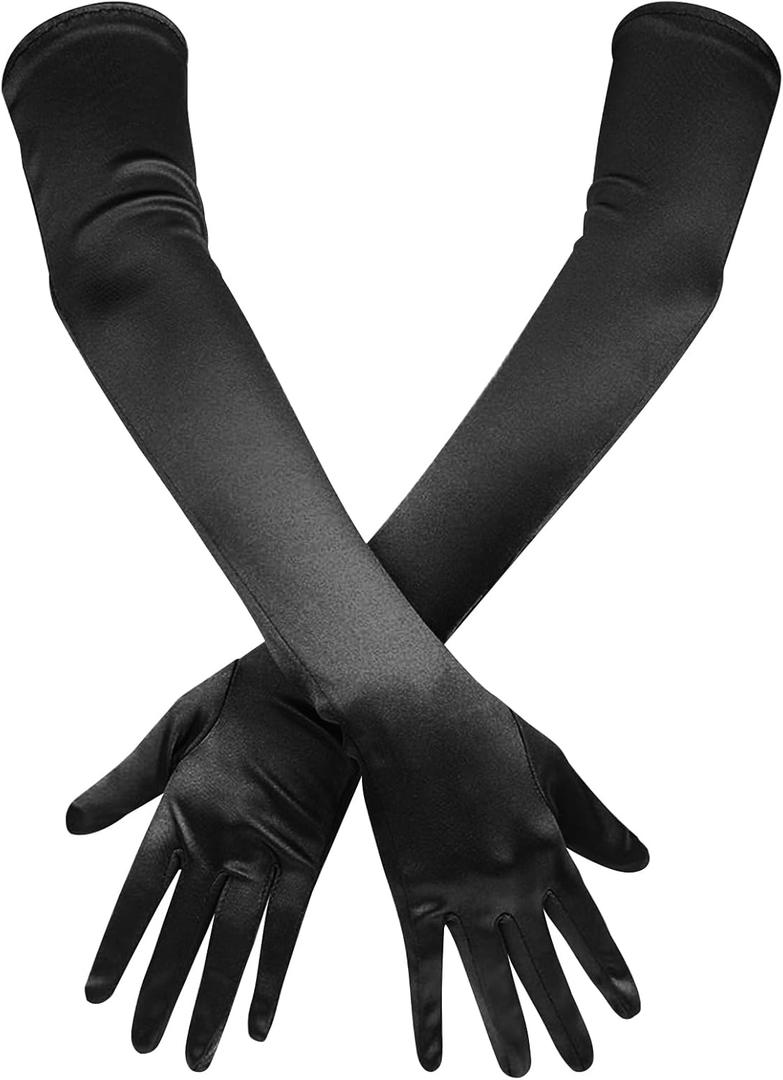 VIBILIA Long Opera Gloves for Women, 1920s Satin Tea Party Gloves Costume, Stretchy Adult Size Glove for Wedding Bridal Dress (Black)