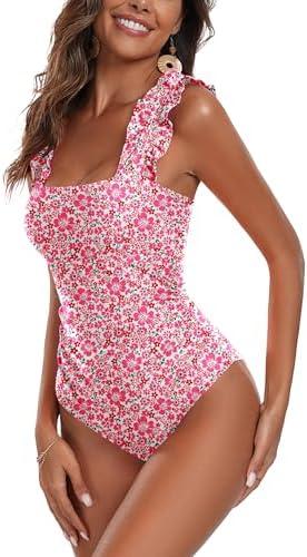 AI'MAGE Women's One Piece Swimsuits Square Neck Tummy Control Bathing Suit with Adjustable Ruffled Straps Swimwear , size medium
