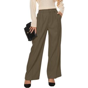 Women Wide Leg High Waist Wide Leg Pants Loose Fit Back Elastic Waist Pleated Front Trousers for Work Casual (Medium, Black Coffee (Thick))