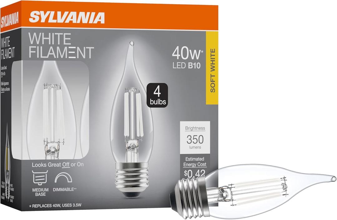 Sylvania B10 Clear LED White Filament Bulb, 3.5W, Dimmable, 350 LMS, Medium Base, 2700K, Soft White - 4 Pack (42258)