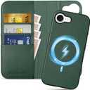 SHIELDON Wallet Case for iPhone 16e 2025, Genuine Leather Detachable Wireless Charging Magnetic RFID Blocking Card Holder Kickstand Shockproof Case Compatible with iPhone 16e 6.1"  Nappa Evergreen