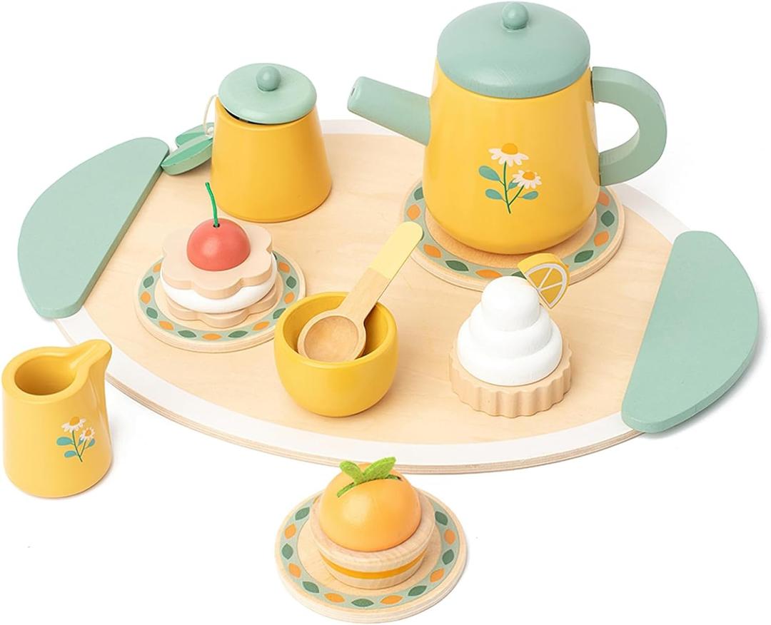 Wooden Tea Party Set for Little Girls, Pretend Play Kids Toys for Toddlers, Wood Play Food Kitchen Accessories (Royal Tea)