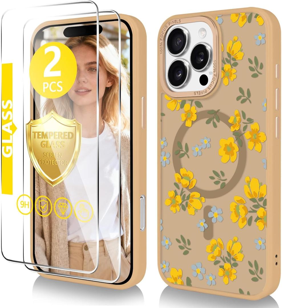 with Magnetic for iPhone 16 Pro MAX Case with Screen Protector, Anti-Fingerprint Translucent Matte Phone Cover for Girls Women-Autumn Flowers/Yellow