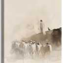Jesus leaving 99 sheep Canvas Wall Art Jesus and Lamb Wall Decor Picture Good Shepherd Poster Print Bible Story Painting Artwork for Bedroom Home Room Decoration Prepare To Hang 16x24in