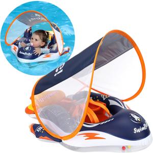 Swimbobo Inflatable Baby Swimming Float with Safe Bottom Support and Retractable Fabric Canopy for Safer Swims (Space Blue, Large)
