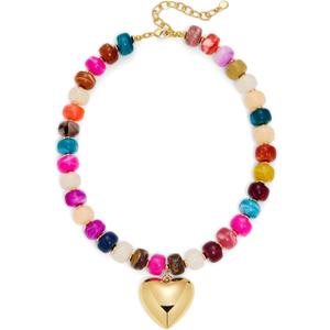 Gold Heart Pendant Necklaces for Women Colorful Acrylic Resin Beaded Choker Necklace Fashion Chunky Statement Beaded Heart Necklace