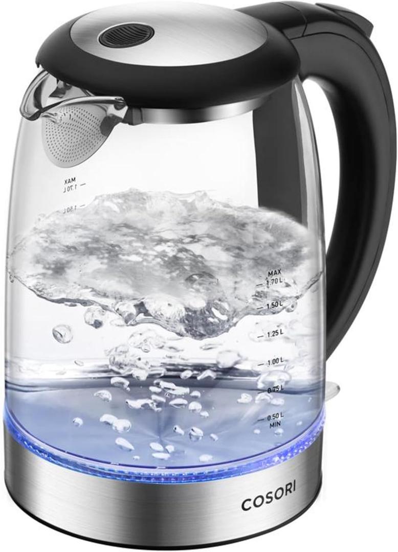 Cosori Electric Kettle, No Plastic Contact With Water, Wide Mouth For Easy Cleaning, Auto Shut Off, 1.7L Tea Kettle & Hot Water Boiler, Water Heater & Teapot, Borosilicate Glass, Black, 1500W (1.8 Quarts)